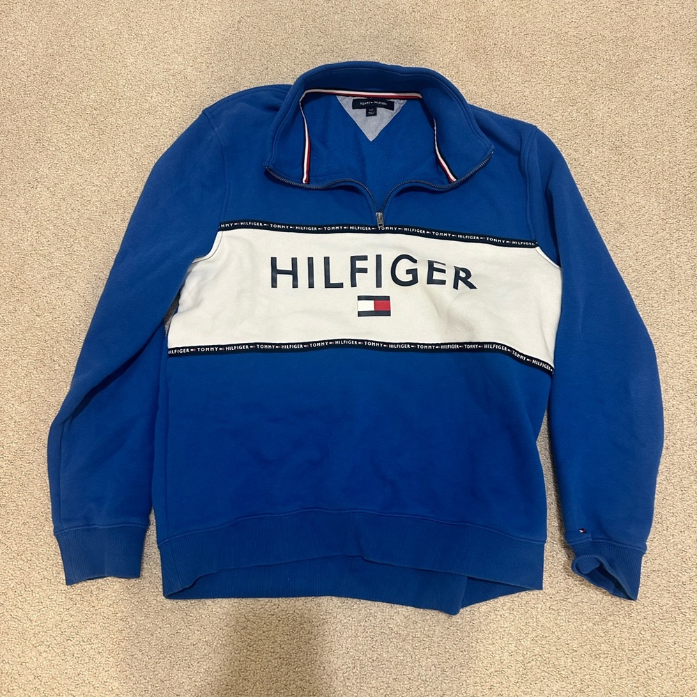 Tommy Hilfiger Blue and White Zip-Up Sweater